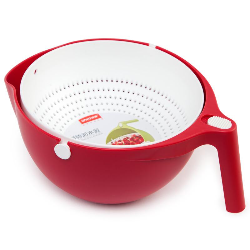Kitchen Supplies Double Layer Fruit Vegetable Washing Bowl Household Sink Rotatable Drainer Strainer Basket Multi-function Tool red