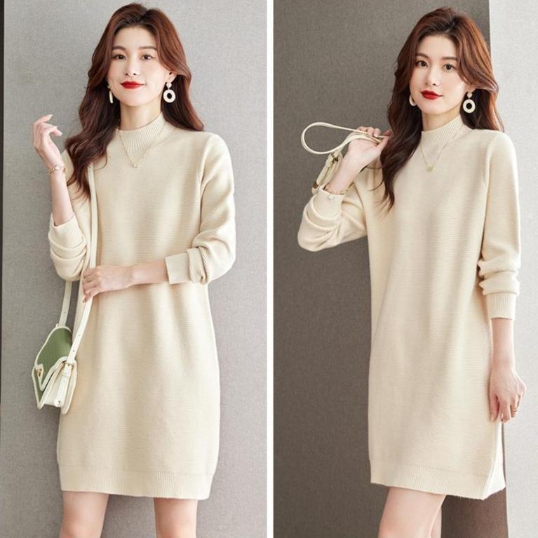 Mid-length Sweaters Women's Trendy Loose Long-sleeved Half Turtleneck Knitted Sweaters Autumn and Winter Casual Pullover