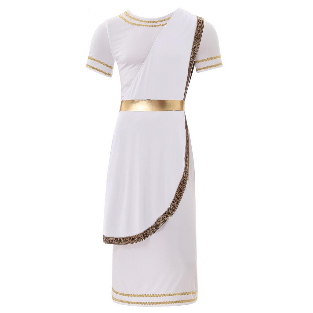Mens Halloween Ancient Greek Toga Costume Short Sleeve Retro Gold Decoration Cosplay Roman Robe