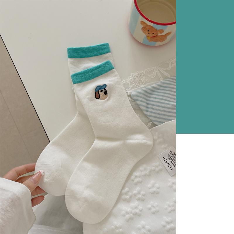 Cartoon Embroidered Socks, Cute Girl Puppy Mid-calf Socks, Autumn Color-blocking Pile Socks, Boneless Socks