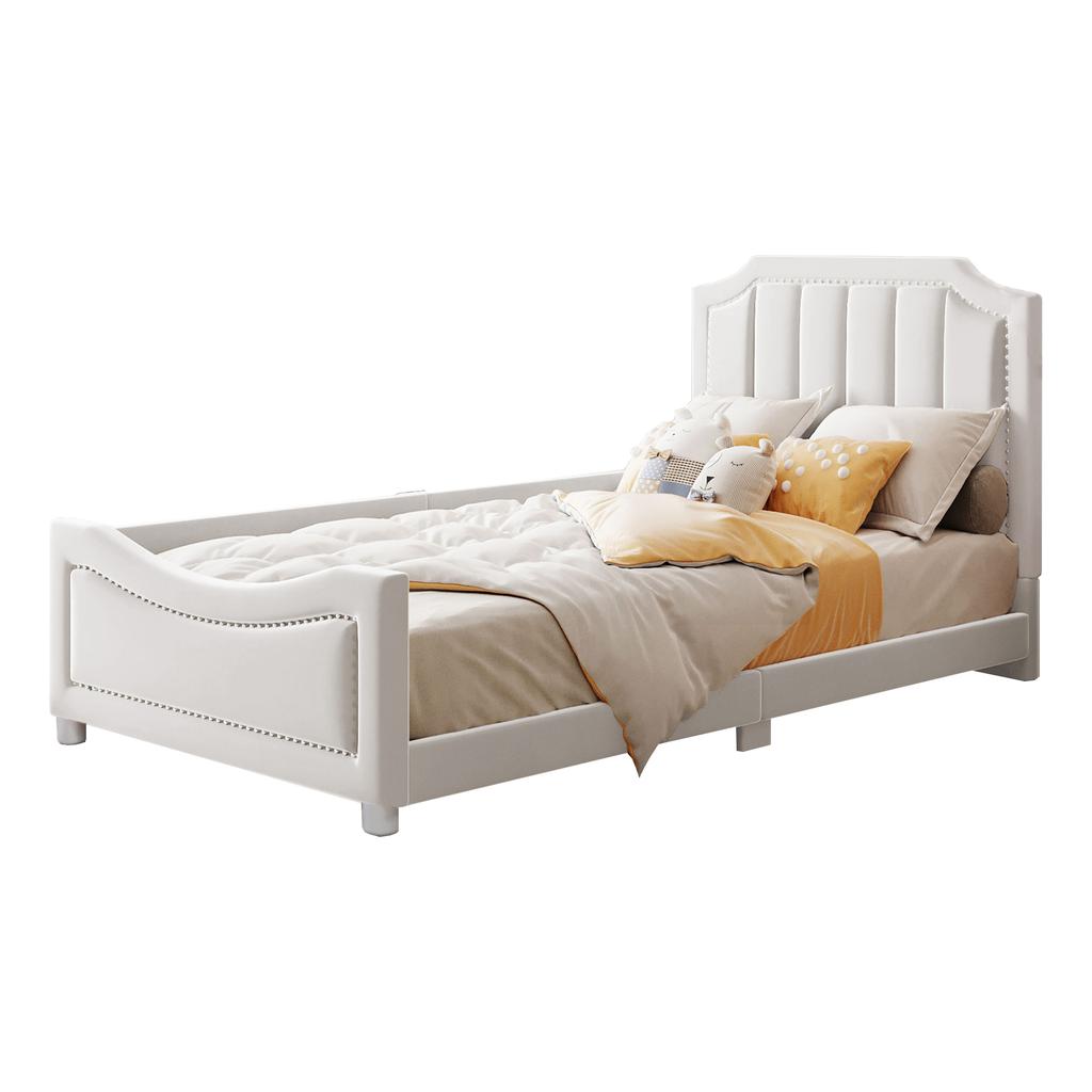 Kids' Bed Upholstered Bed 90*200cm Sleeper Sofa Bed Frame Flannel Multifunctional Soft Bed with Backrest Armrest Parent-Child Youth Guest Bed Beige
