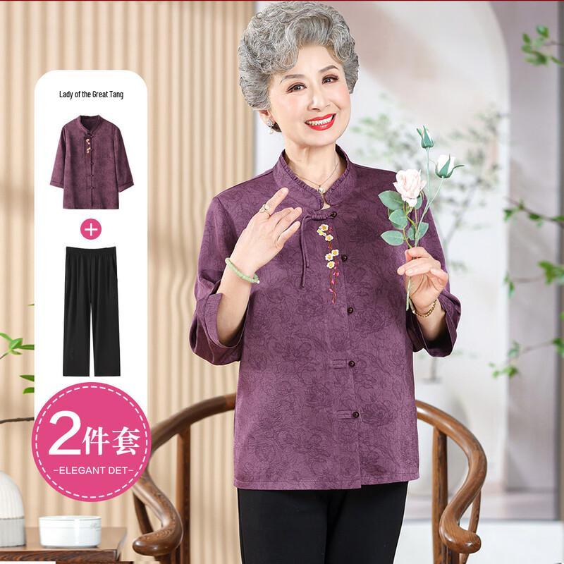 Elegant Chinese Style Blouse & Cardigan Set for Middle-Aged Women 2XL