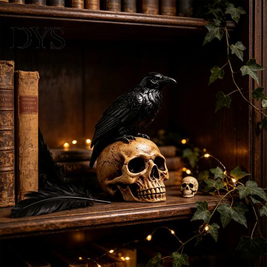 Creepy Gothic Accents Halloween Skull Figurine, Realistic Human Head Statue, Crow on Statue Sculpture for Home Tabletop Mantel Decor Decorations