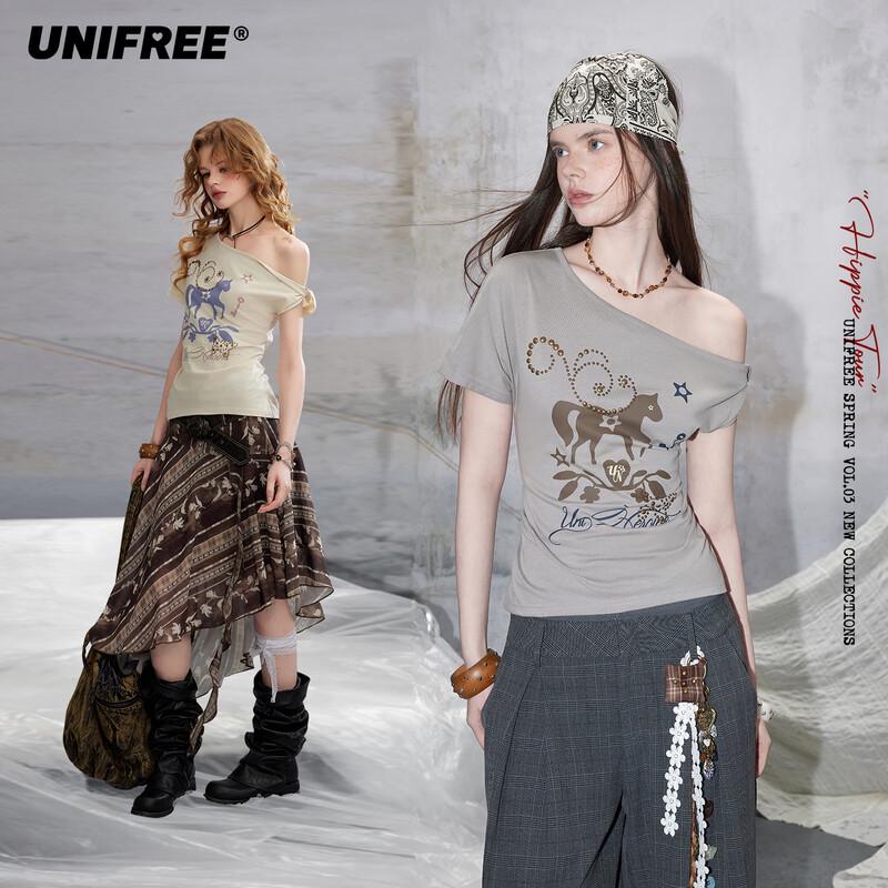 UNIFREE Women s Slanted Collar Off-Shoulder Slim-Fit T-Shirt M