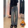 Women's Plus Size High-Waist Retro Straight-Leg Jeans with Velvet - Autumn/Winter Wide-Leg Floor-Length Pants.