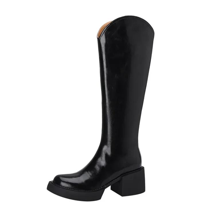 Mode Neue Herbst/Winter Damen Schuhe Spaltleder Damen Stiefel Runde Zehe Klobige Stiefel Einfarbig Kniehohe Stiefel Damen Plateau Schuhe Damen