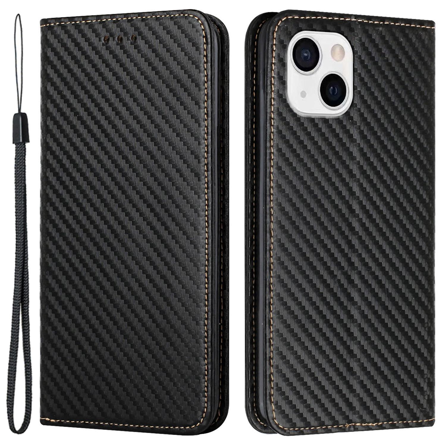 

For iPhone 15 Carbon Fiber Texture PU Leather+TPU Wallet Case Viewing Stand Phone Cover Black