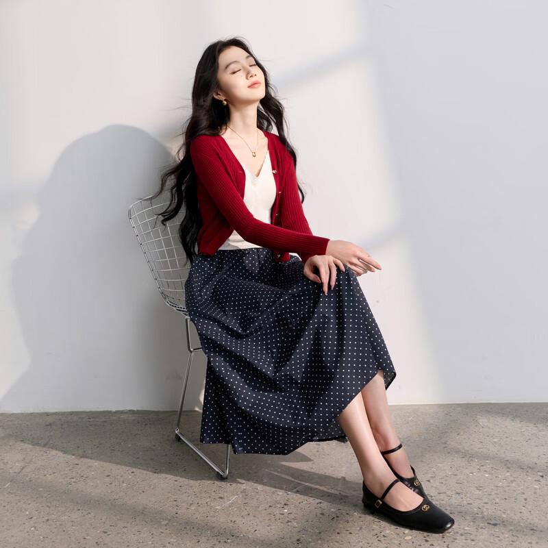 Sancai 2026 Spring High-Waist A-Line Midi Skirt