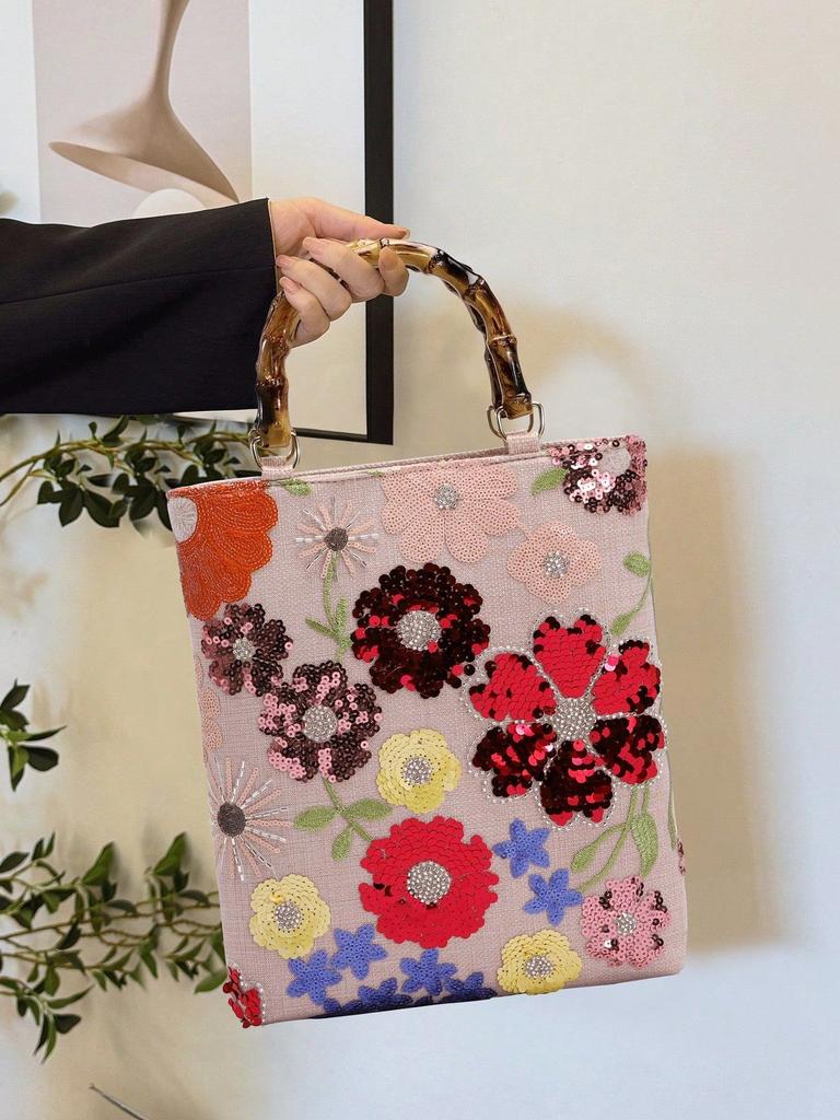 Women's Floral Embroidered Woven Tote Bag Stylish Beach Shoulder Handbag for Women Vacation Essentials Tote Bag Top Handbag Clutch Evening Purses