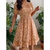 Spring and summer new European and American floral square neck short-sleeved waist ruffle edge A-shaped skirt, women's clothing