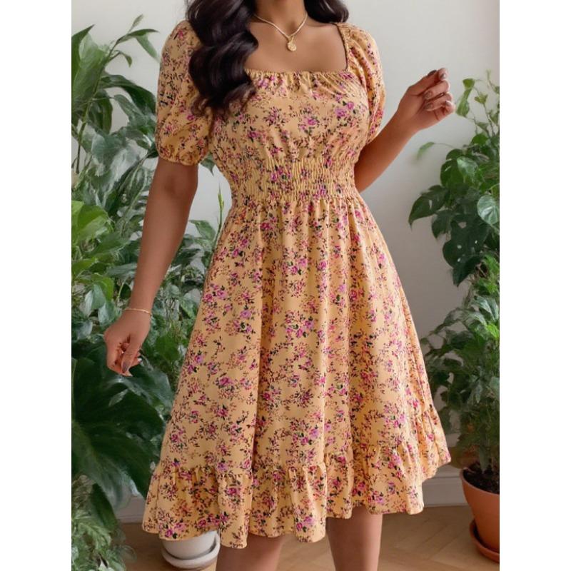 Spring and summer new European and American floral square neck short-sleeved waist ruffle edge A-shaped skirt, women's clothing