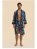 Yaoting Men's Long Sleeve Silk Pajamas and Bathrobe Set, Ice Silk Loungewear