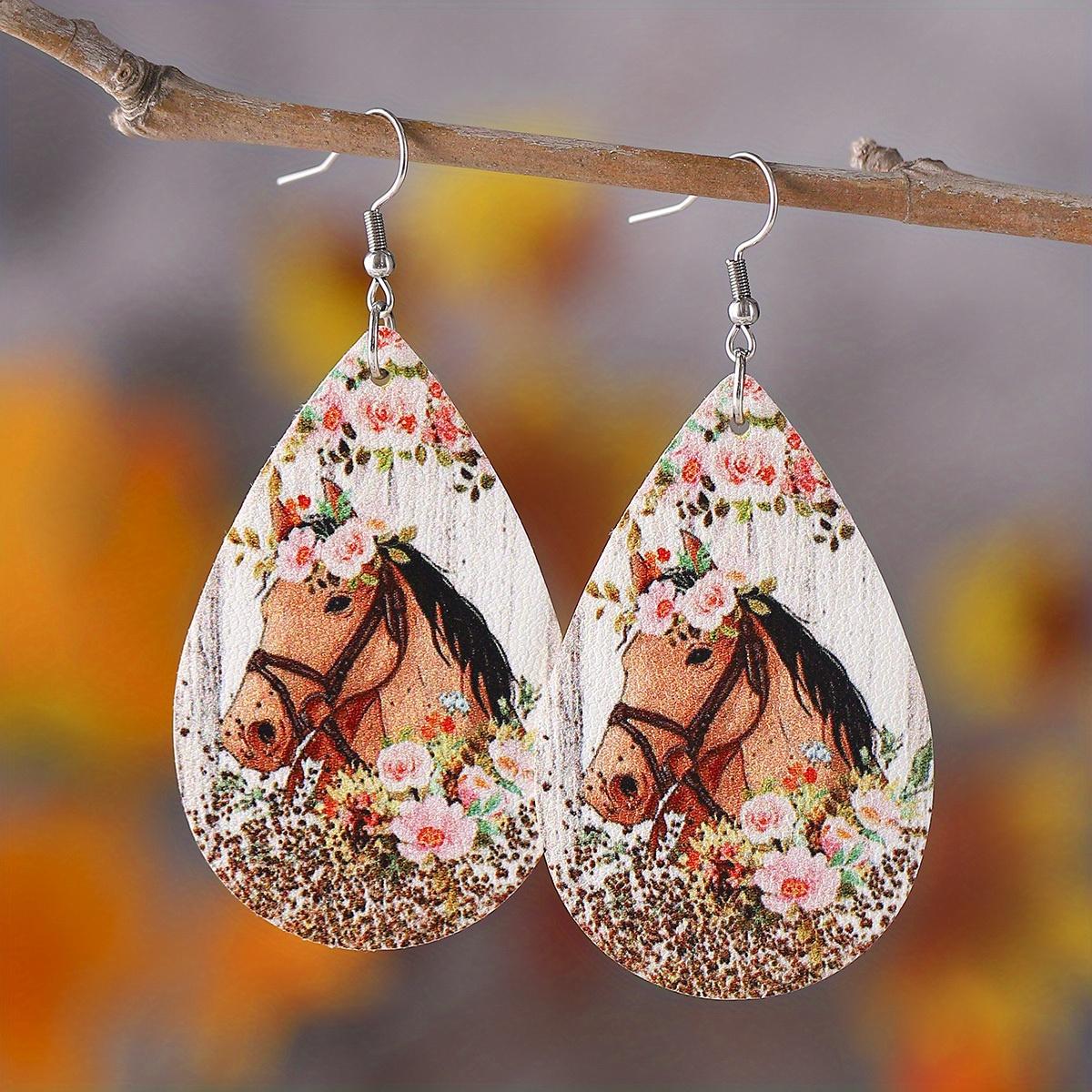 

Ретро западный этнический стиль цветок голова лошади принт каплевидные висячие серьги из искусственной кожи ювелирные изделия женский подарок