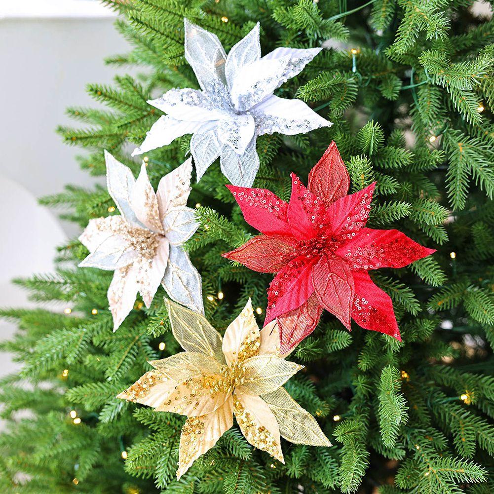 Artificial Holiday Flowers Glitter Poinsettia Flowers Shimmering Stamen Three-Dimensional Design Easy To Use Holiday Decor