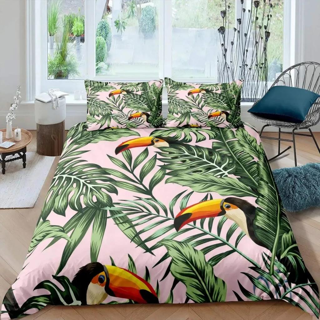 3D Toucan Duvet Cover Set Safari Animals Bedding Sets Tropical Jungle Birds Comforter Cover,Boys Girls Fresh Nature Quilt Cover