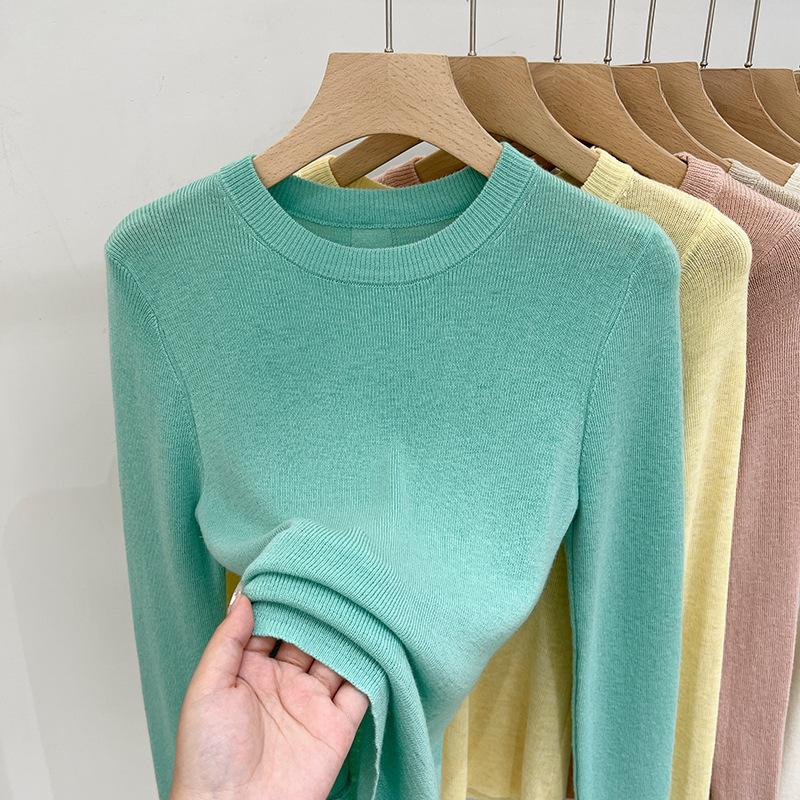 Women's Round Neck Long Sleeve Knit Top Slim Fit Solid Color Basic Thin Layering Shirt Elegant Casual Blouse