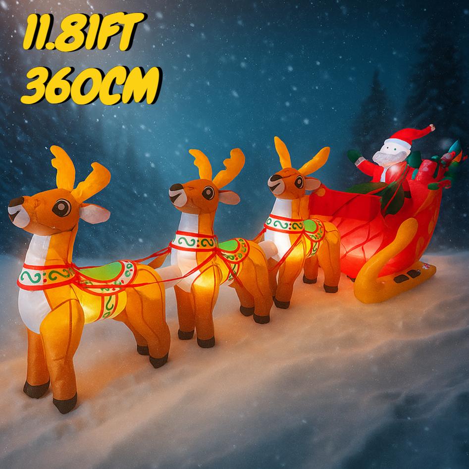 11.81FT Inflatable Santa Three Sleigh Reindeer Toy LED Festive Gift Xmas Yard Party Decoration Christmas Supplies Home Ornament