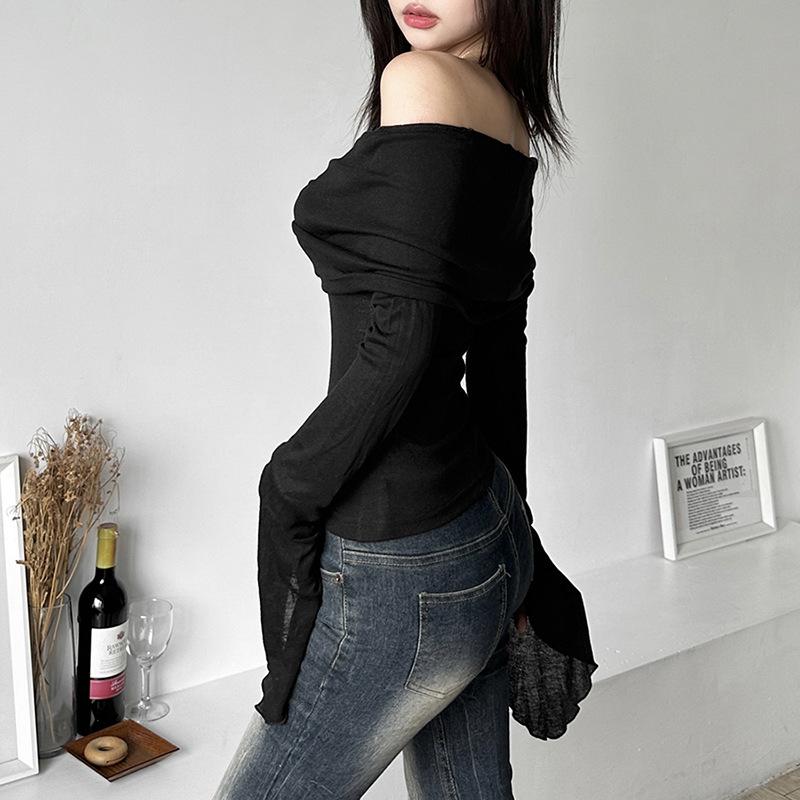 Fashion New Solid Slim Fit Off Shoulder T-shirt Women Sexy Backless Flare Long Sleeve Tshirts Woman Street Y2K Elegant Casual Lady Tee Shirt 24574