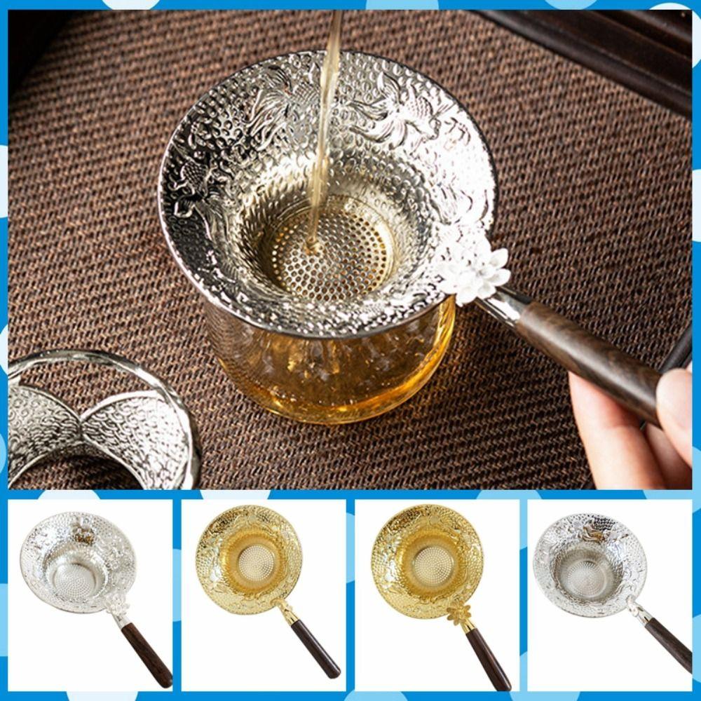 

Embossed Tea Filter Wood Handle Tea Colander Gorgeous Tea Strainer Kung Fu Tea silver-goldfish handle