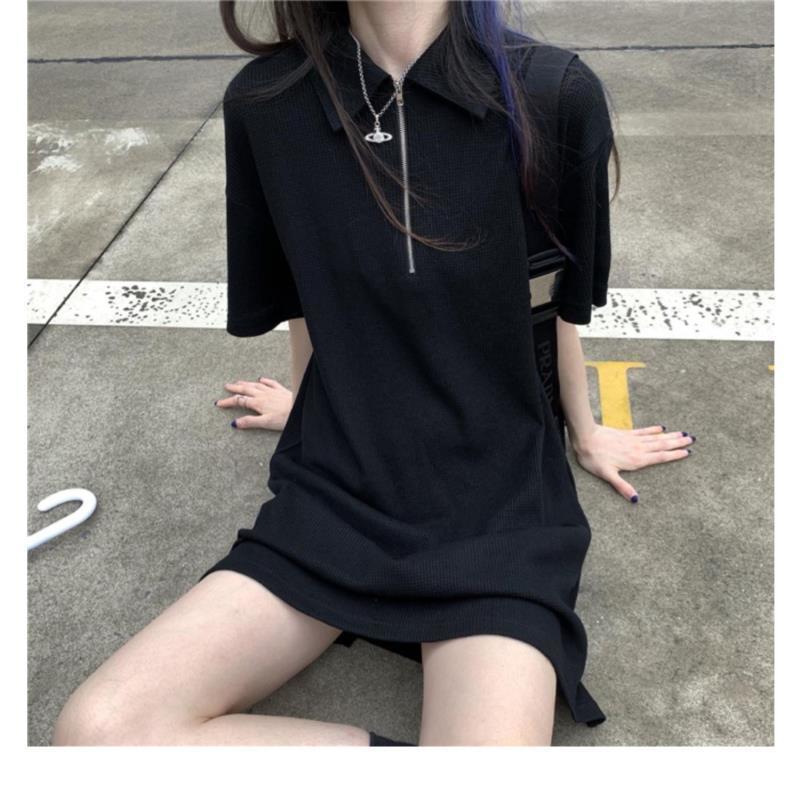 Waffle Polo Collar Straight Summer Dress 2024 - Women's Simple, Solid, Age-Reducing Short Skirt