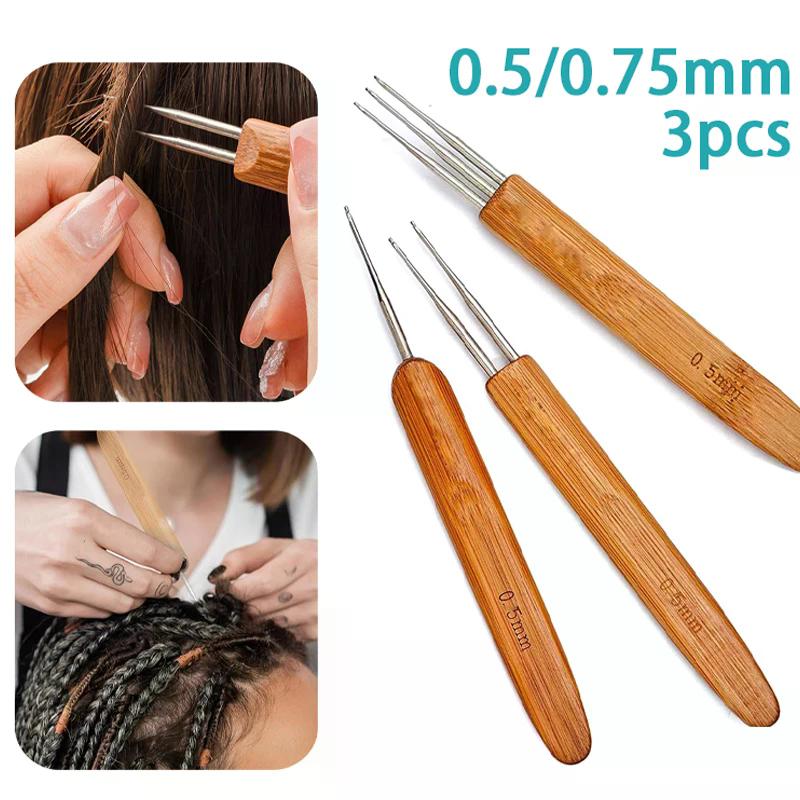 3 Stück 0,5/0,75 MM Holz Häkelnadel für Haare Dreadlocks Zöpfe Haarkreuzhaken Einzel-/Doppel-/Dreikopf-Haarkreuzhaken