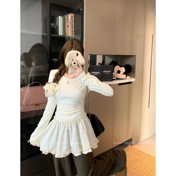 Women s Lace Hem Innerwear Base Layer Long-Sleeve Dress - Sweet and High-End Autumn/Winter 2025 Style Large абрикосовый