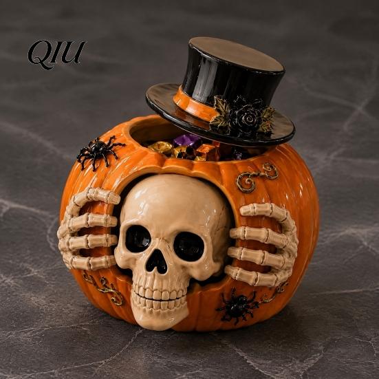 Unique Halloween Party Ornaments Skull Pumpkin Candy Jar with Top Hat Lid, Resin Decorative Interior Decorations Storage Container, Desktop Organizer