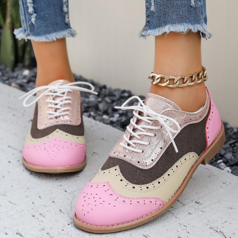 Fashion European and American Foreign Trade Fashion New Simple and Elegant British Style Casual Two-tone Women's Flat Brogue Shoes