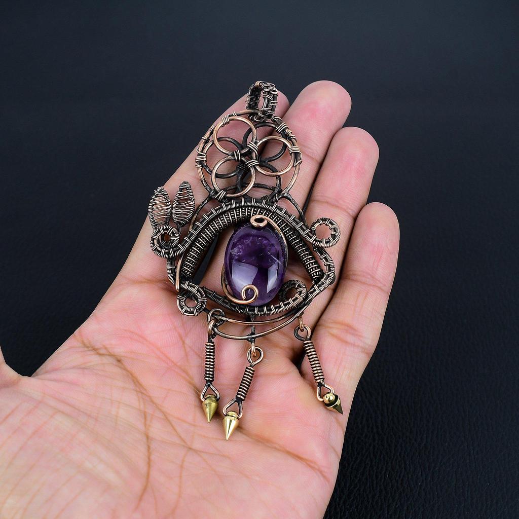 Ametystový přívěsek Drahokam Šperky, Přívěsek omotaný měděným drátem 999, Dárek pro ženy Ručně vyrobený přívěsek