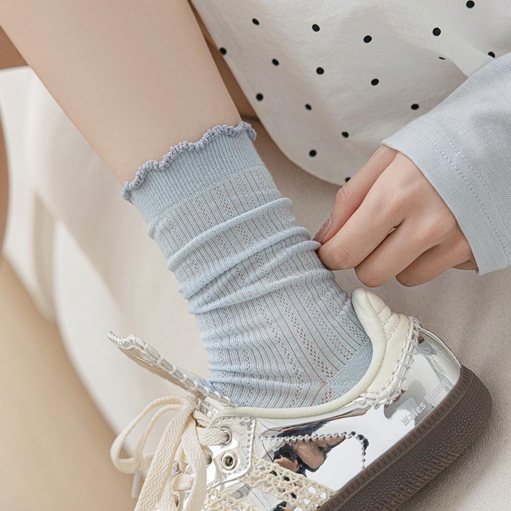 Women's White Ruffled Mesh Crew Socks - Breathable, Sweat-Absorbent, Solid Color, Trendy Summer Style