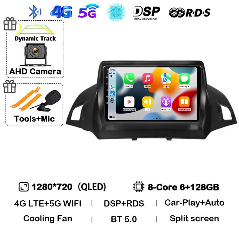 Radio multimedia con Android 14 y Carplay para Ford Kuga Escape 2013, 2014, 2015 y 2016, reproductor de vídeo, GPS, estéreo, 4G, WIFI, unidad principal