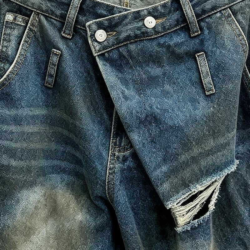 Europäische Station Sommer Neu Amerikanisch Retro Gewaschen Alt Zerrissen Jeans Locker Weite Beine Cropped Hosen Trend
