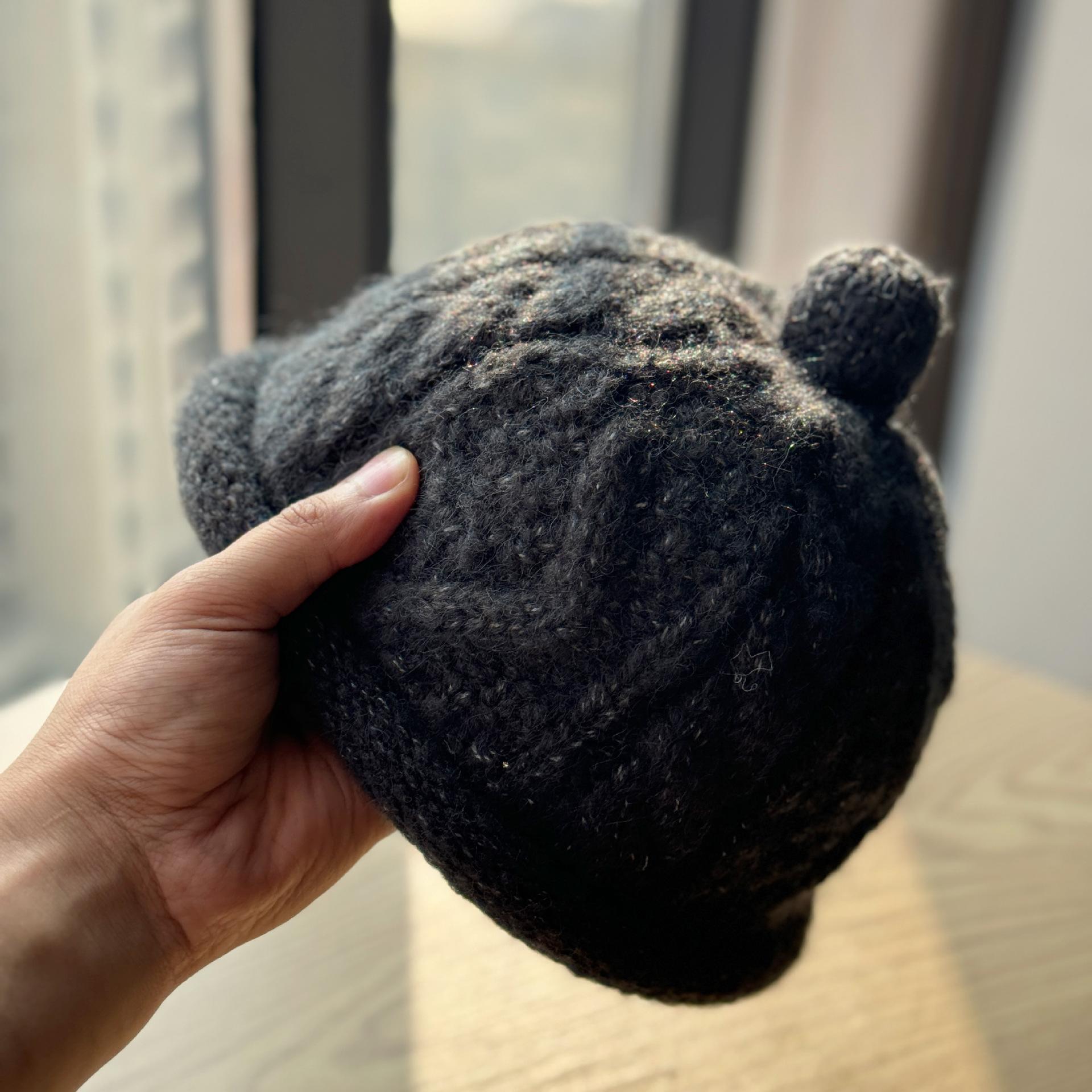 

New cute little pom-pom niche slimming woolen hat for women, autumn and winter warm rolled-brimmed beanie, versatile knitted hat Adult54-60Adjustable чёрный