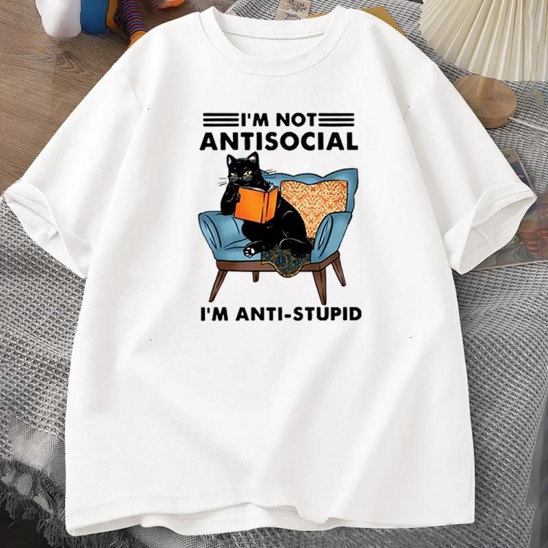 Funny Cat IM NOT ANTISOCIAL Print Tshirts Graphic Women Short Sleeve Tshirts Sportswear Comfortable Tops Daily Wear Clothing S