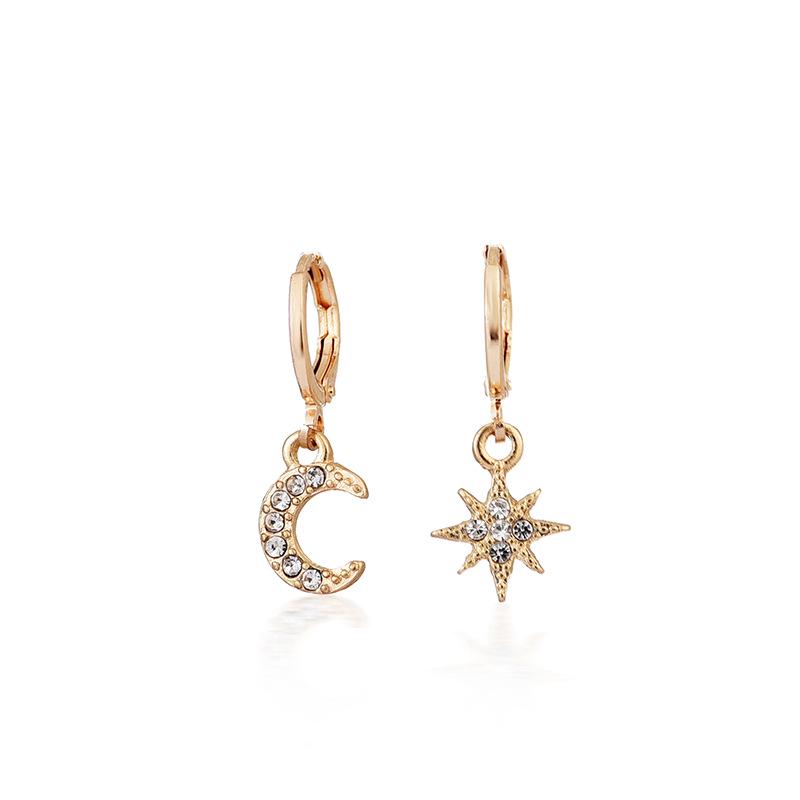 Micro-Inlay Star & Moon Asymmetrical Diamond Earrings – High-Quality, Luxurious Women's Accessories