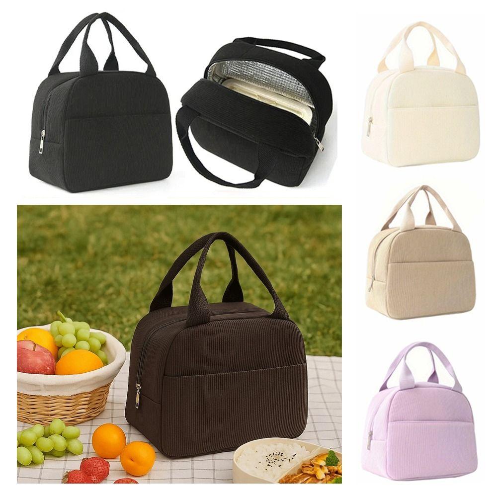 Stylish Corduroy Insulated Lunch Bag Hand-Held Large Capacity Thermal Lunch Bag Portable Minimalist Lunch Box Storage Bag Office