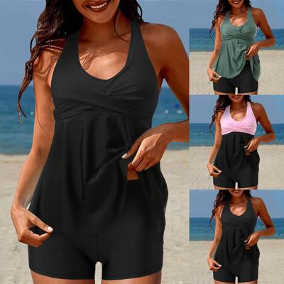 Costume de baie Tankini din două piese pentru femei cu pantaloni scurți Costume de baie cu decolteu în V Rochie de costum de baie fluidă în față pentru femei Floarea-soarelui