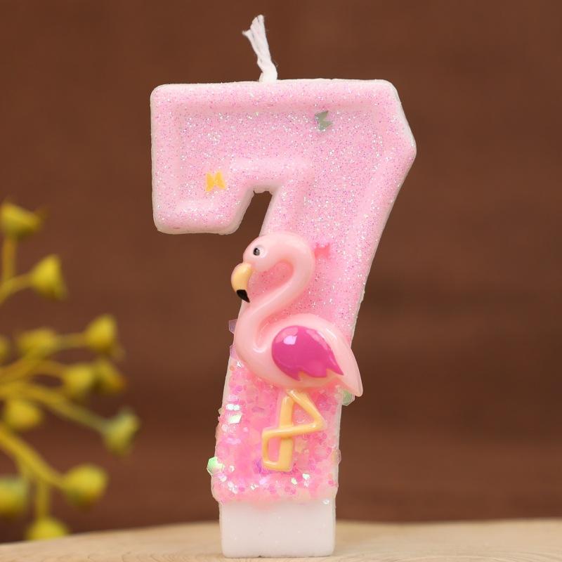 Pink Glitter Birthday Number Candles with Flamingos 1 Year Baby Birthday Cake Decorations