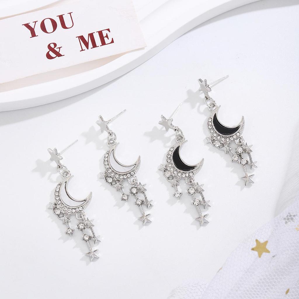 Silver Needle Korean Luxury Moon & Star Diamond Tassel Earrings