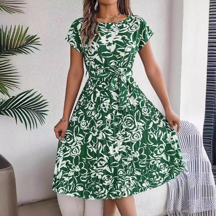 Women High Waist A Line Floral Pleated Long Dress Short Sleeve Spring Summer