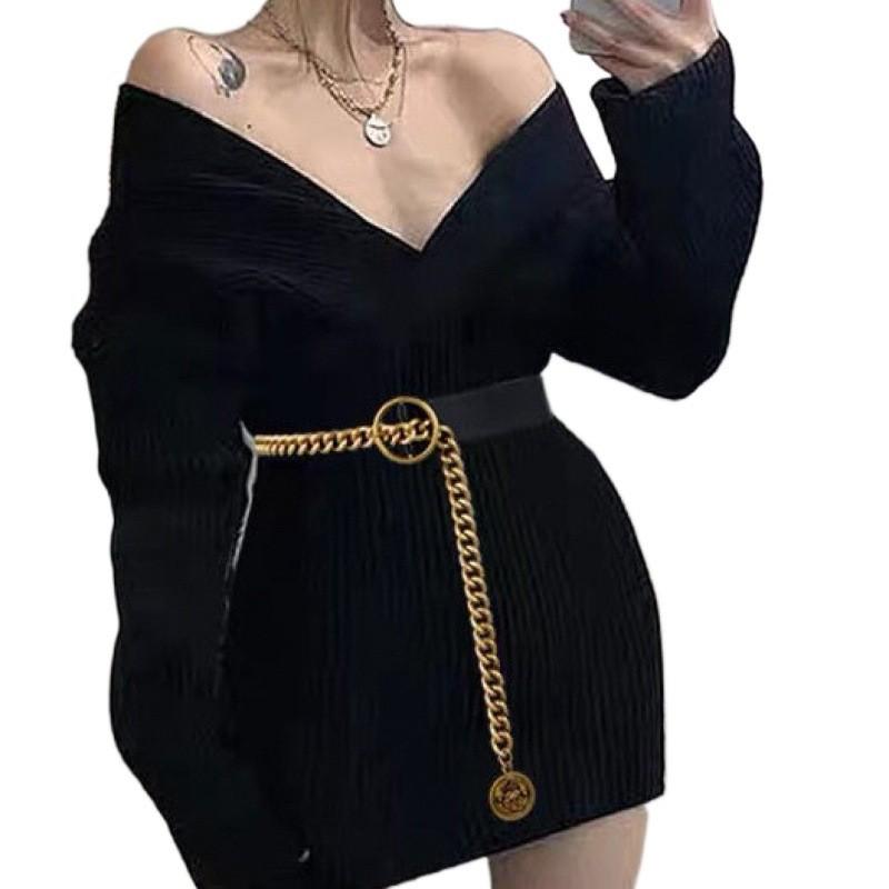 Wide Modern Black Waist Belt For Women With Unique Chain Design For Wear Versatile