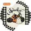 6pcs Spooky Halloween Placemats - Black and White Checkered Border with Pumpkins, Ghosts, Bats, and Stars Design, Polyester, Hand Wash Only, Perfe