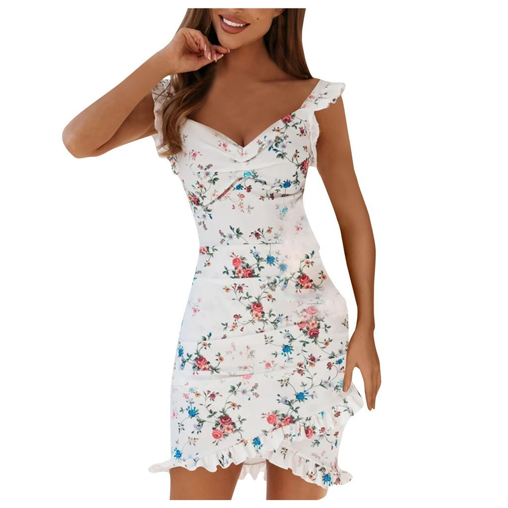 Ladies Summer Ruffle Sleeveless V Neck Hip Floral Dress
