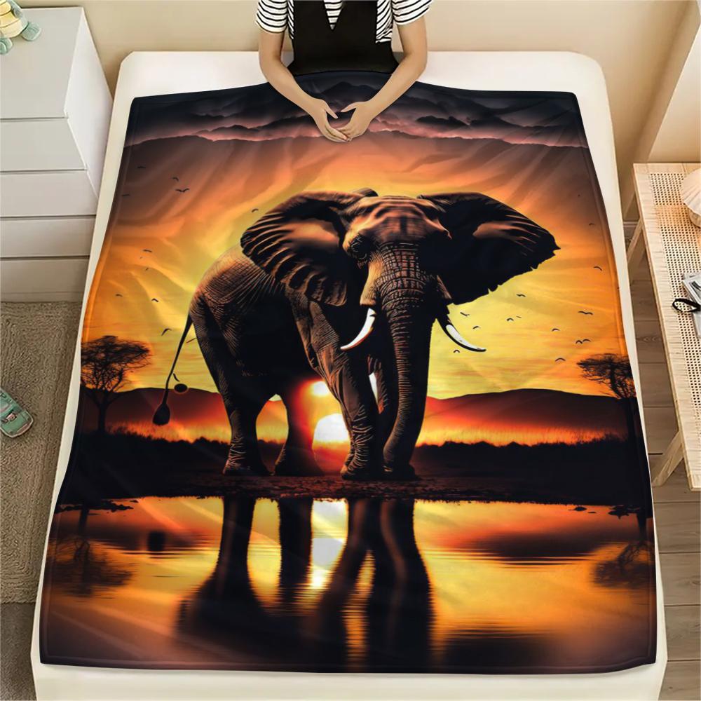 1Pc Africa Elephant Print Flannel Blanket, High Quality Comfortable for All Seasons, Home Decor, Warmth and Comfort, Perfect for Christmas Gifts