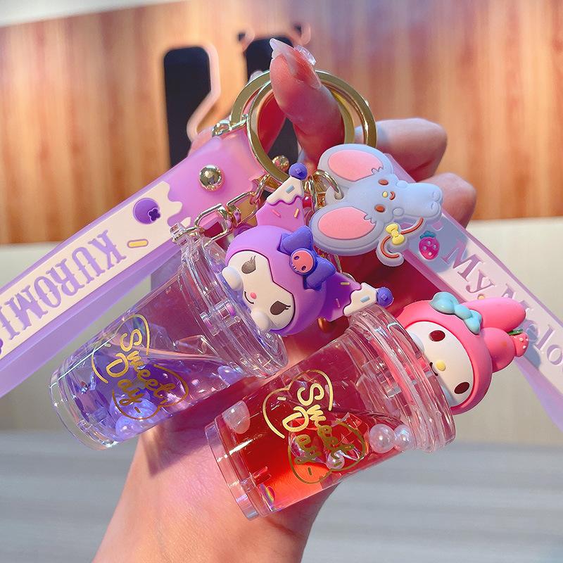 Sanrio Kuromi Melody Quicksand Keychain Cute Milk Tea Cup Shaker Key Ring Kawaii Bag Pendant Accessories for Car Keys Backpack