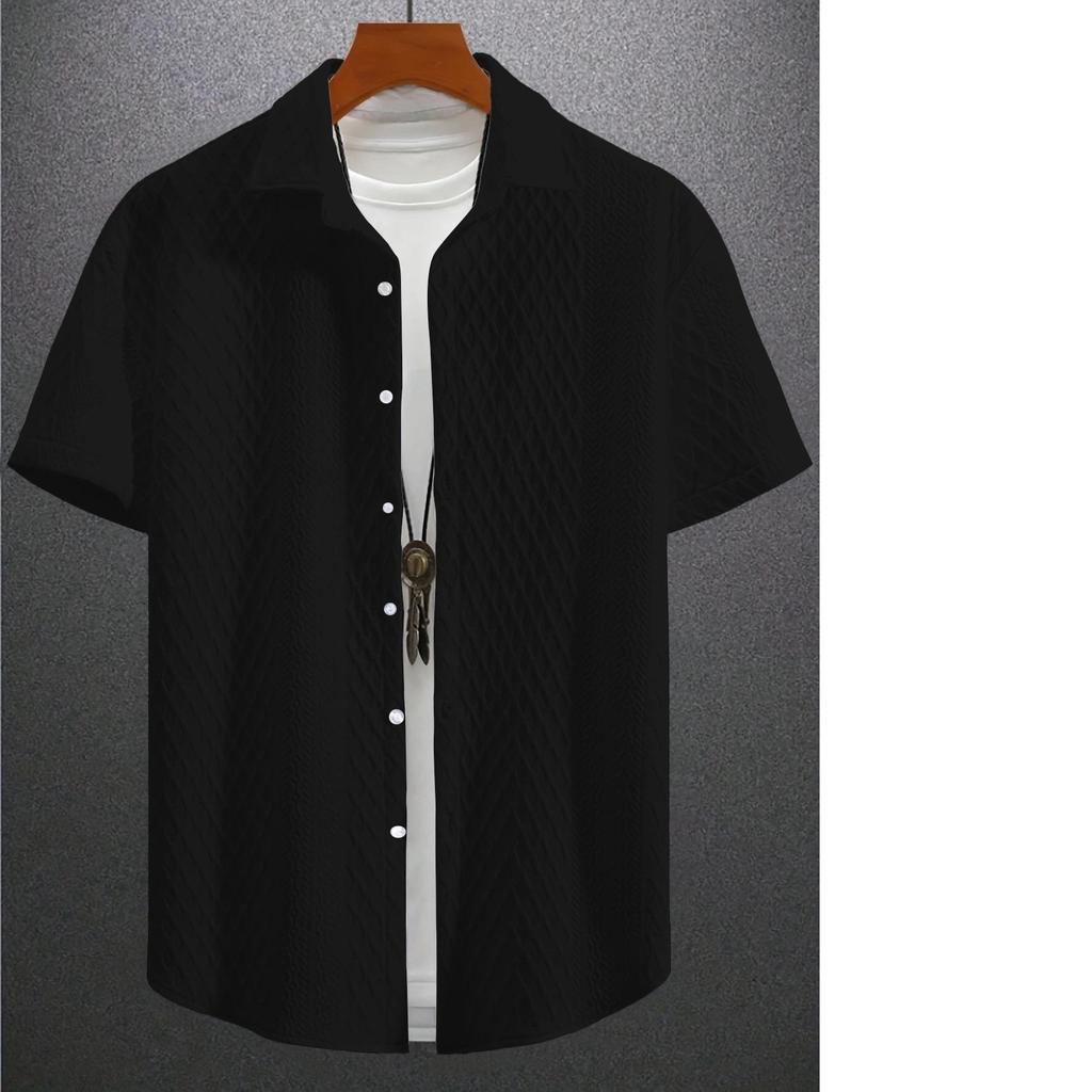 Camicia Casual da Uomo a Maniche Corte Estiva Streetwear Casuale Jacquard Collo a Revers Bottoni Camicia Vintage da Uomo Monocolore