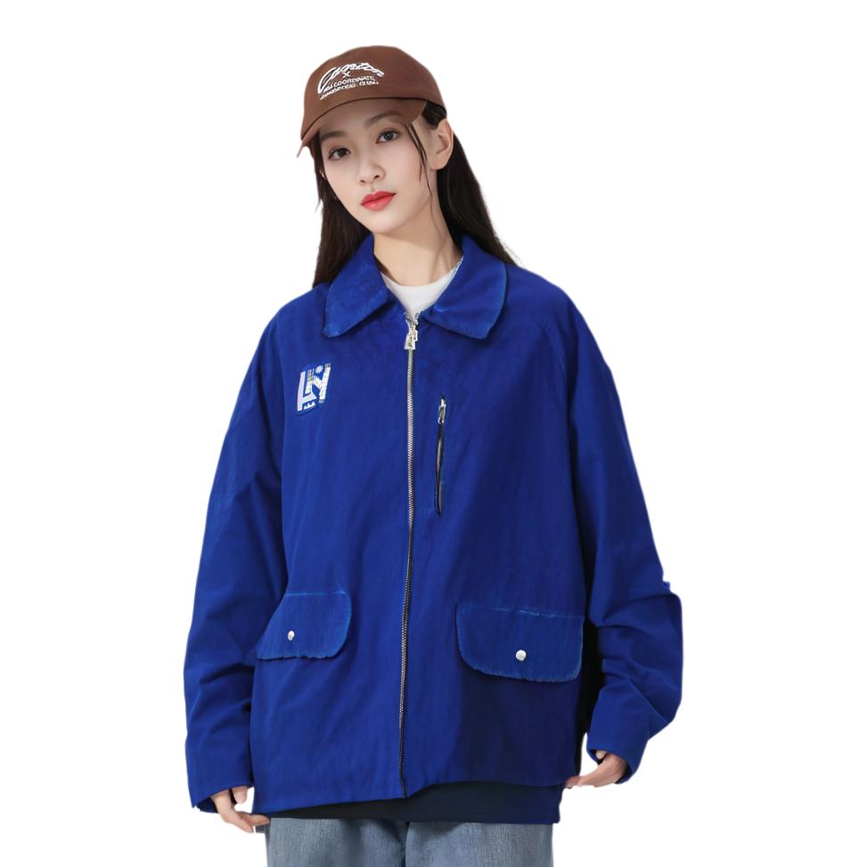 Li Ning Logo Print Solid Color Zipper Loose Jacket Women Jacket Bright-Blue AFDSB44-1