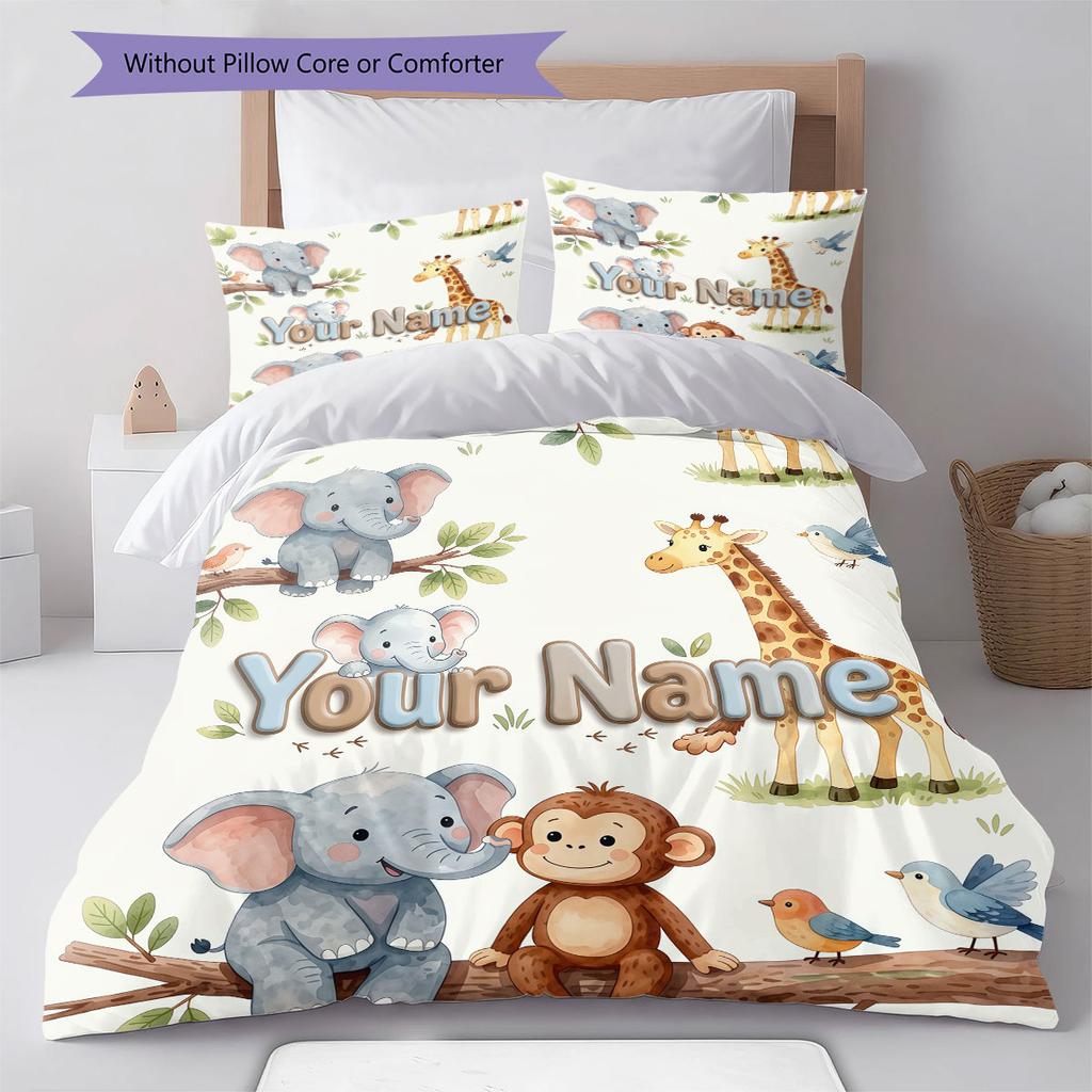 Custom Name,Cute Safari Animal Series Pattern Bedding Home Decoration Birthday Gift ( 1 Duvet Cover + 2 Pillowcase, Without Core),fan Merchandise.