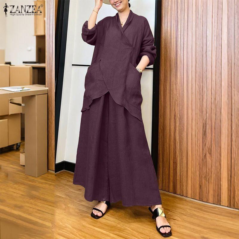 ZANZEA Dámská halenka s dlouhým rukávem a kalhoty se širokými nohavicemi, ležérní dvoudílné soupravy