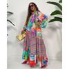 Women's V Neck Long Sleeve Maxi Dress Colorful Tropical Striped Print Loose Tiered Ruffle Big Swing Vacation Dress